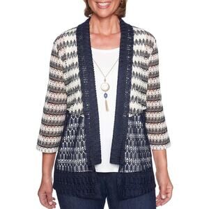Alfred Dunner Women's Navy/White 2-Fer Layered Cardigan Tank w/ Necklace Size PM